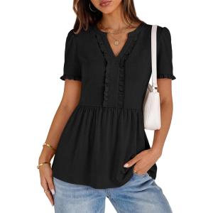 MEROKEETY Women’s Summer Peplum Tunic Blouse 2026 Babydoll Tops Ruffle Short Sleeve V Neck Casual Loose T Shirts(Black)