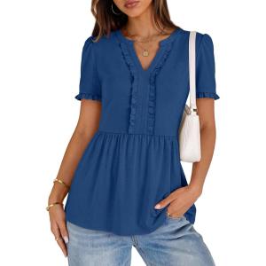 MEROKEETY Women’s Summer Peplum Tunic Blouse 2026 Babydoll Tops Ruffle Short Sleeve V Neck Casual Loose T Shirts(Dark Blue)