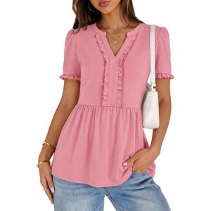MEROKEETY Women’s Summer Peplum Tunic Blouse 2026 Babydoll Tops Ruffle Short Sleeve V Neck Casual Loose T Shirts(Pink)