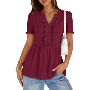 MEROKEETY Women’s Summer Peplum Tunic Blouse 2026 Babydoll Tops Ruffle Short Sleeve V Neck Casual Loose T Shirts(Wine)
