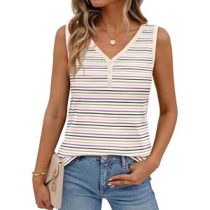 MEROKEETY Women’s Summer Tank Tops 2026 Striped V Neck Sleeveless Casual Henley Shirts Colourful Button Cami Tee(Beige Blue)