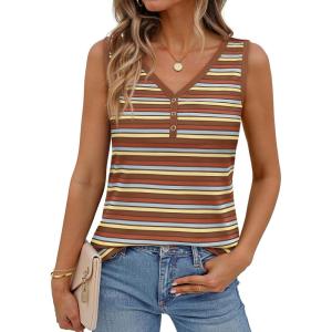 MEROKEETY Women’s Summer Tank Tops 2026 Striped V Neck Sleeveless Casual Henley Shirts Colourful Button Cami Tee(Brown)