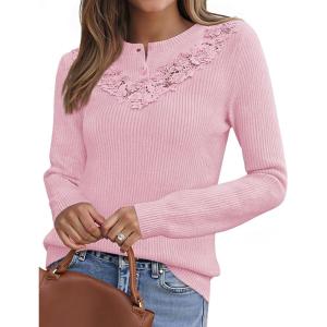 MEROKEETY Women’s Sweaters Fall 2025 Button Down Lace Casual Business Long Sleeve Crewneck Trendy Winter Pullover Sweater Top(Pink)