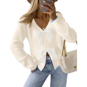MEROKEETY Women’s Tie Front Bow Cardigan Sweaters 2025 Long Sleeve Chunky Knit Cute Trendy Fall Winter Coats(White)