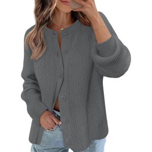 MEROKEETY Women’s Winter Fall Long Sleeve Cardigan Sweater 2026 Crew Neck Button Open Front Chunky Knit Outfits(Dark Grey)