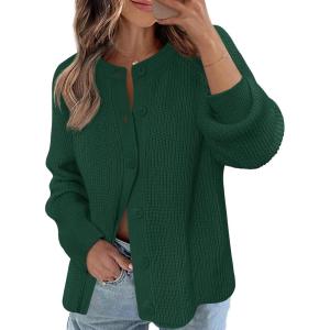 MEROKEETY Women’s Winter Fall Long Sleeve Cardigan Sweater 2026 Crew Neck Button Open Front Chunky Knit Outfits(Green)