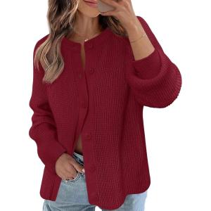 MEROKEETY Women’s Winter Fall Long Sleeve Cardigan Sweater 2026 Crew Neck Button Open Front Chunky Knit Outfits(Red)