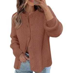 MEROKEETY Women’s Winter Fall Long Sleeve Cardigan Sweater 2026 Crew Neck Button Open Front Chunky Knit Outfits(Rust)