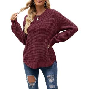 MEROKEETY Women’s Winter Fall Long Sleeve Tunic Sweaters 2026 Casual Trendy Crew Neck Waffle Knit Pullover Tops Jumper(Burgundy)