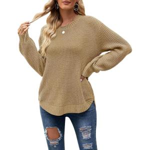 MEROKEETY Women’s Winter Fall Long Sleeve Tunic Sweaters 2026 Casual Trendy Crew Neck Waffle Knit Pullover Tops Jumper(Light Brown)