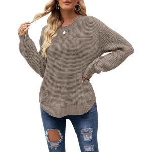 MEROKEETY Women’s Winter Fall Long Sleeve Tunic Sweaters 2026 Casual Trendy Crew Neck Waffle Knit Pullover Tops Jumper(Light Khaki)