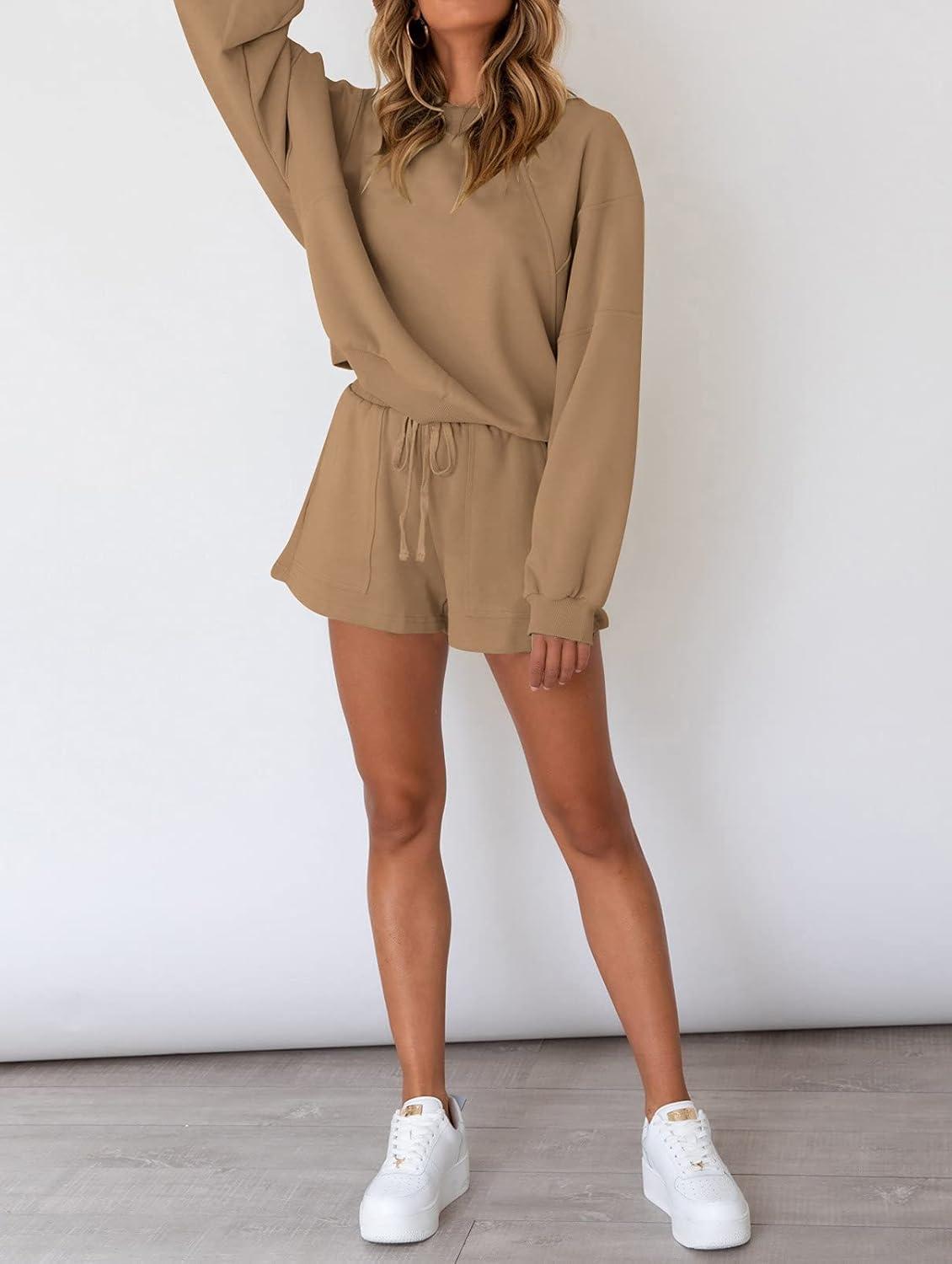 imageMEROKEETY 2026 Spring Lounge Sets for Women Oversized Batwing Sleeve Casual Top and Shorts 2 Piece Outfits Sweat SetKhaki