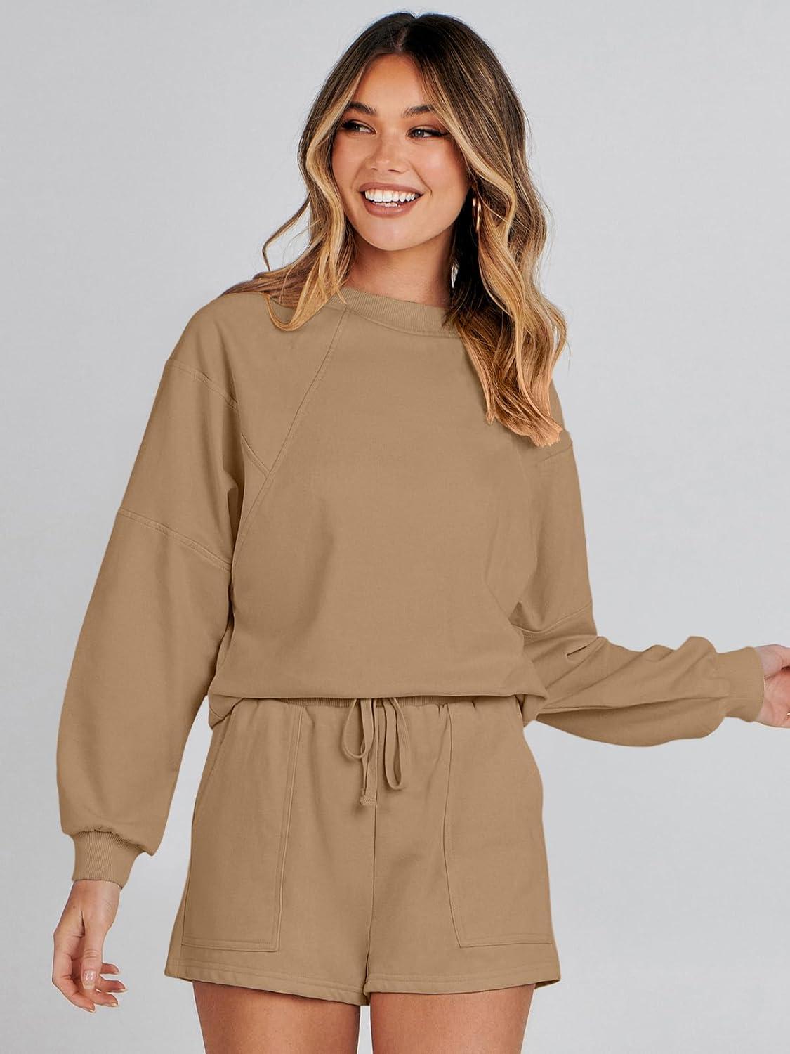 imageMEROKEETY 2026 Spring Lounge Sets for Women Oversized Batwing Sleeve Casual Top and Shorts 2 Piece Outfits Sweat SetKhaki