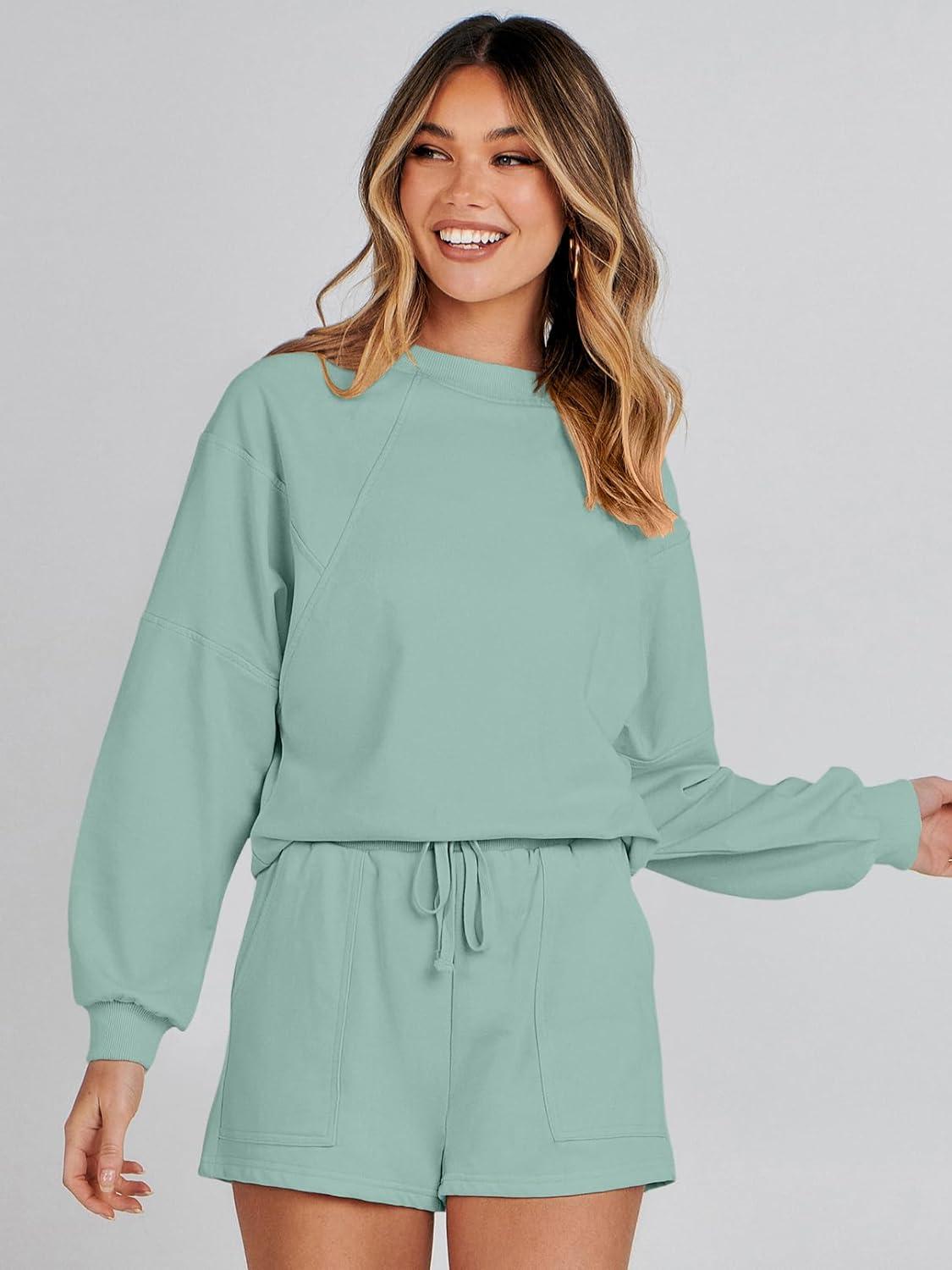 imageMEROKEETY 2026 Spring Lounge Sets for Women Oversized Batwing Sleeve Casual Top and Shorts 2 Piece Outfits Sweat SetLight Green