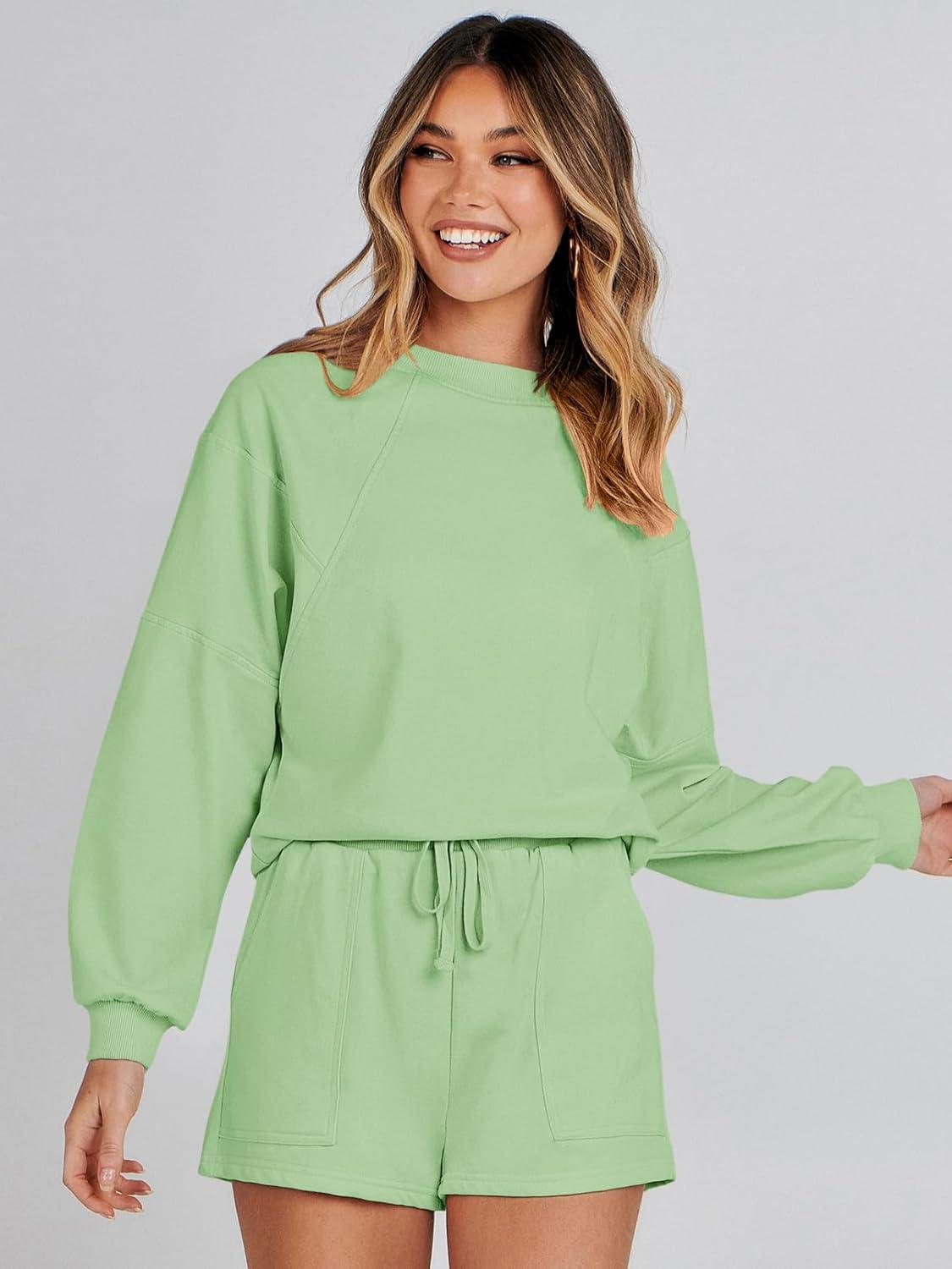 imageMEROKEETY 2026 Spring Lounge Sets for Women Oversized Batwing Sleeve Casual Top and Shorts 2 Piece Outfits Sweat SetMint Green