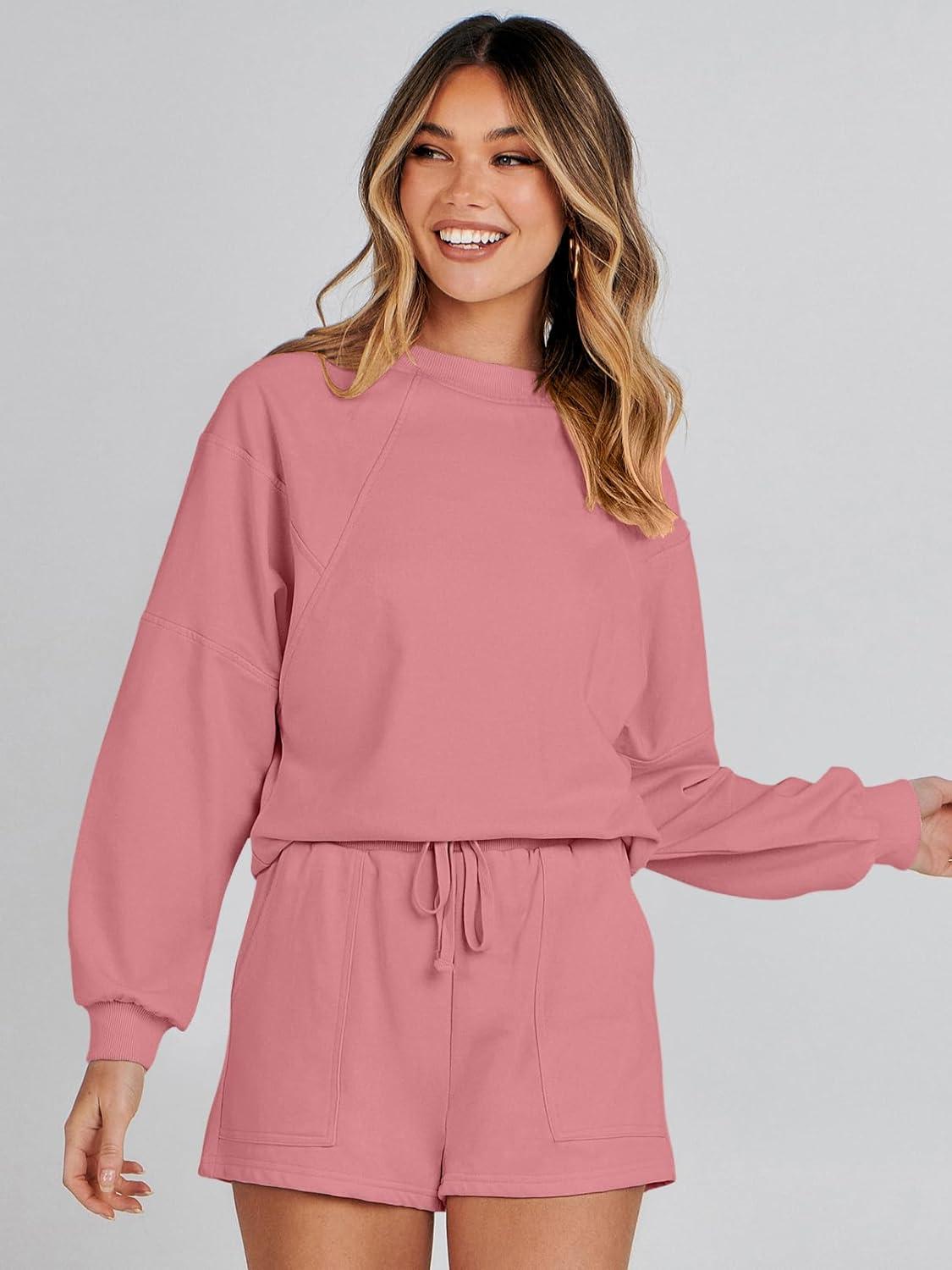 imageMEROKEETY 2026 Spring Lounge Sets for Women Oversized Batwing Sleeve Casual Top and Shorts 2 Piece Outfits Sweat SetPink