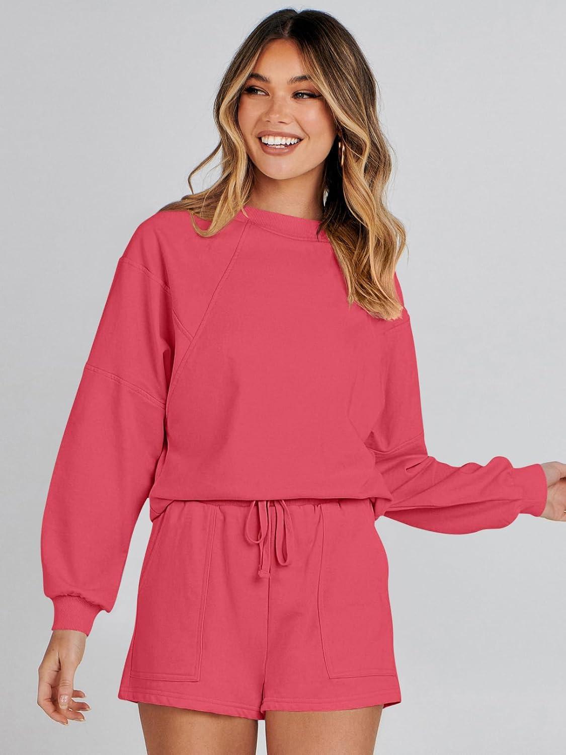 imageMEROKEETY 2026 Spring Lounge Sets for Women Oversized Batwing Sleeve Casual Top and Shorts 2 Piece Outfits Sweat SetWatermelon