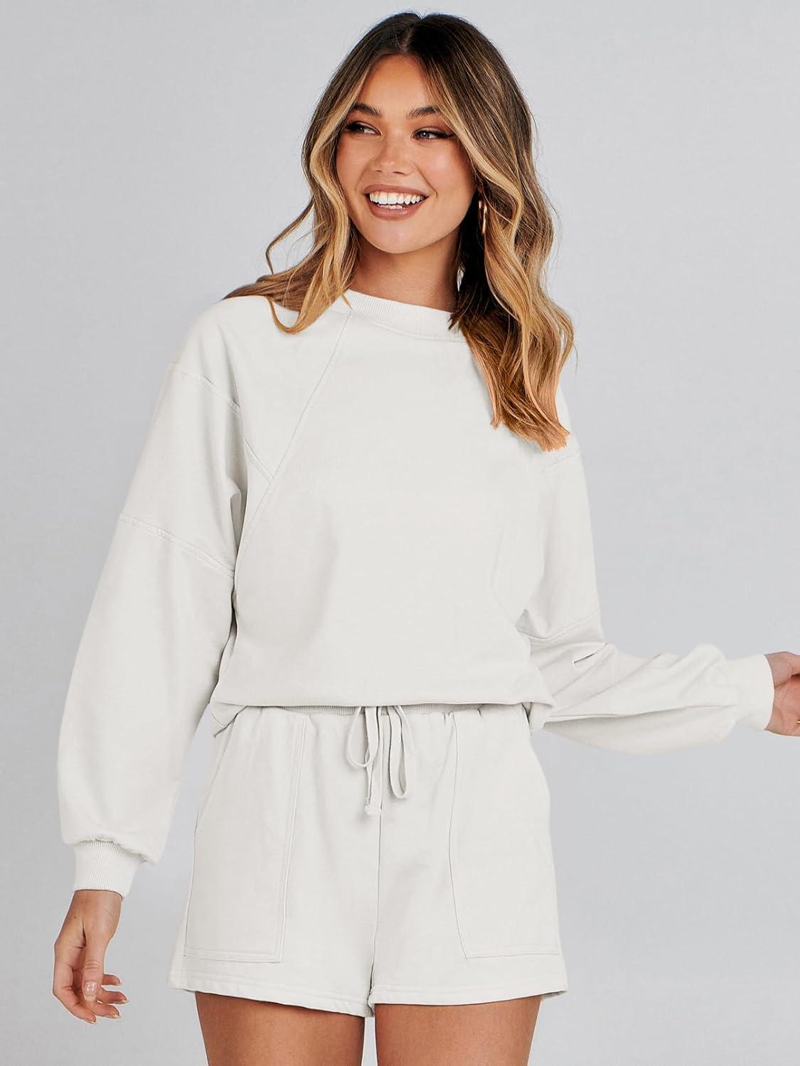 imageMEROKEETY 2026 Spring Lounge Sets for Women Oversized Batwing Sleeve Casual Top and Shorts 2 Piece Outfits Sweat SetWhite