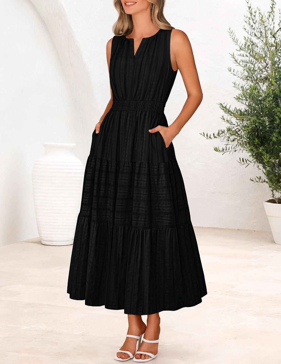 imageMEROKEETY Spring Summer Midi Dresses for Women 2026 Casual Beach Vacation Sleeveless Boho V Neck Tiered Maxi Dress PocketsBlack