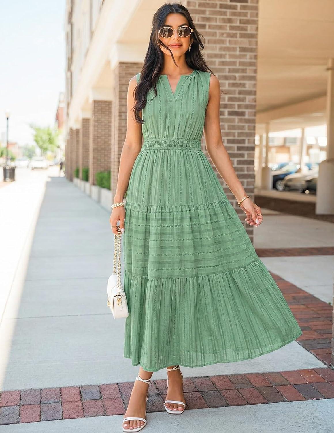 imageMEROKEETY Spring Summer Midi Dresses for Women 2026 Casual Beach Vacation Sleeveless Boho V Neck Tiered Maxi Dress PocketsSage