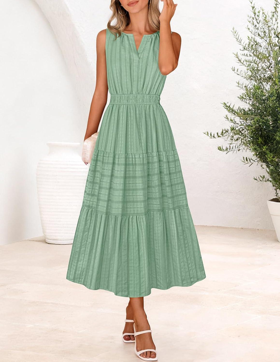 imageMEROKEETY Spring Summer Midi Dresses for Women 2026 Casual Beach Vacation Sleeveless Boho V Neck Tiered Maxi Dress PocketsSage