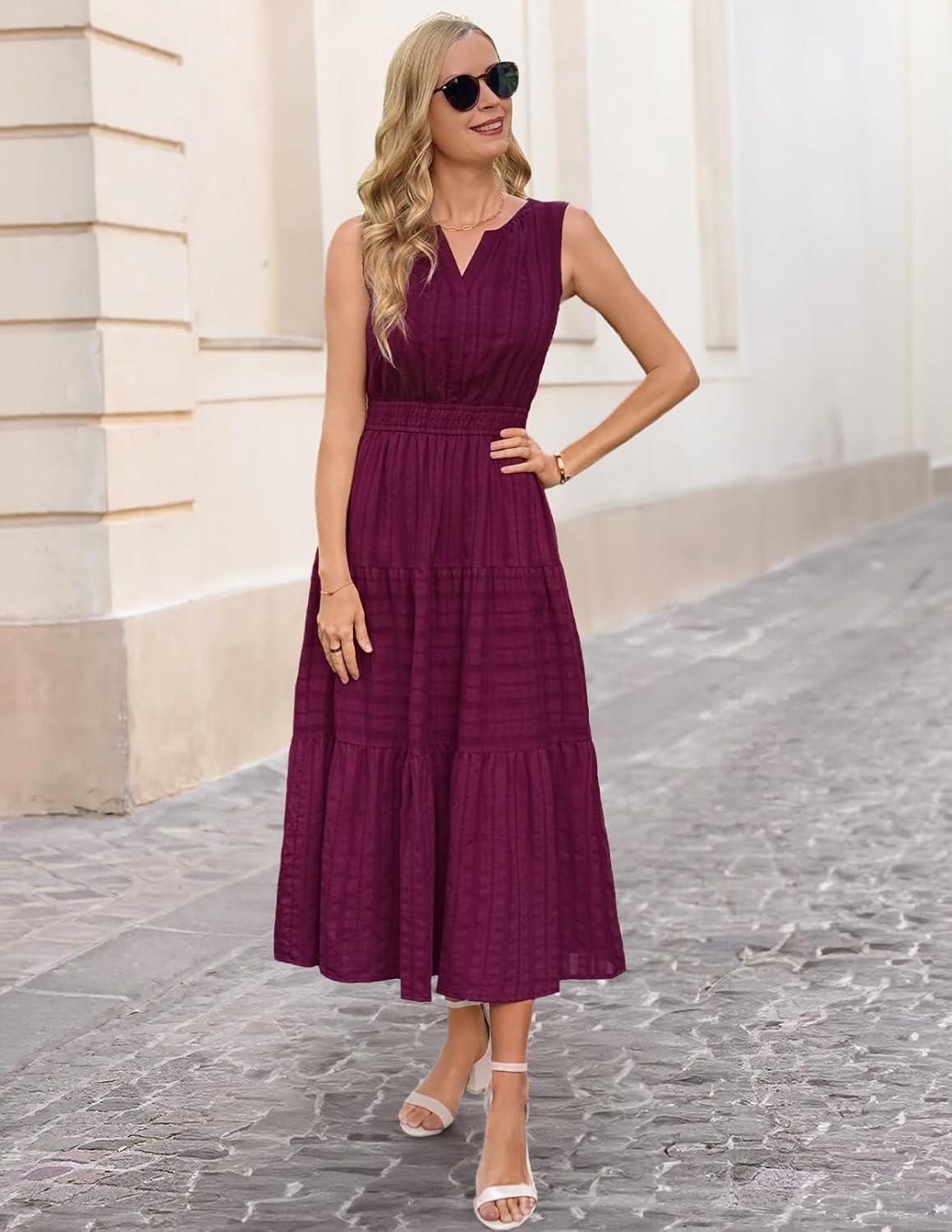 imageMEROKEETY Spring Summer Midi Dresses for Women 2026 Casual Beach Vacation Sleeveless Boho V Neck Tiered Maxi Dress PocketsWine