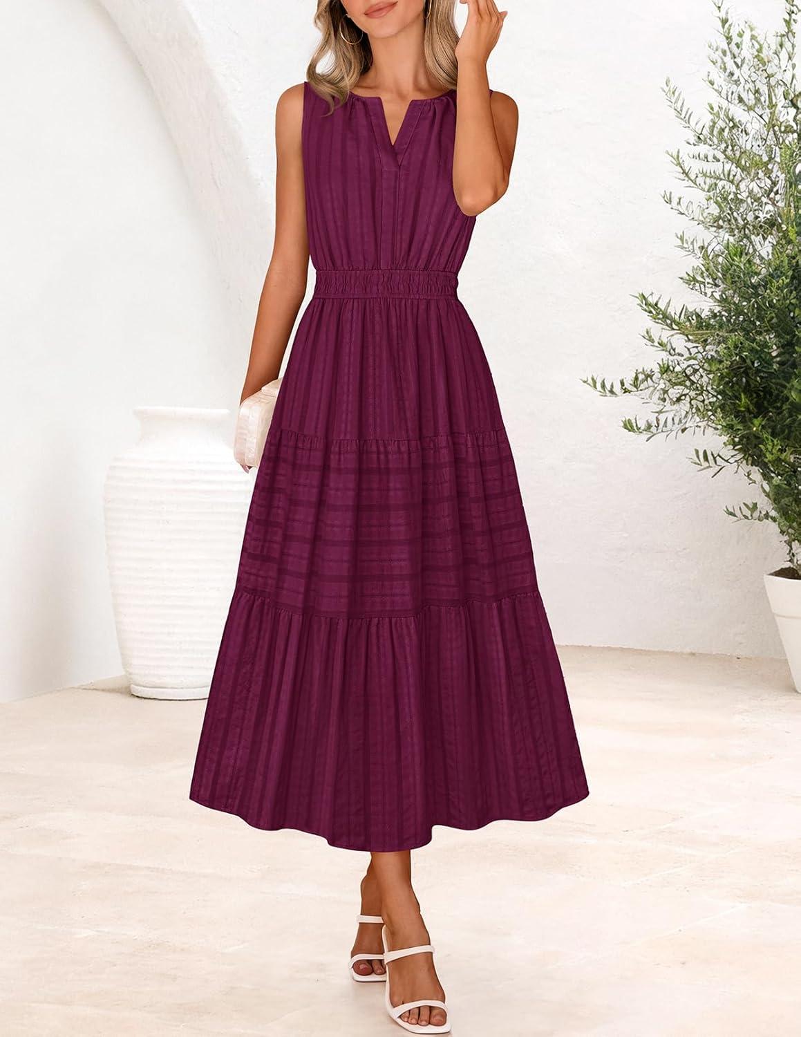imageMEROKEETY Spring Summer Midi Dresses for Women 2026 Casual Beach Vacation Sleeveless Boho V Neck Tiered Maxi Dress PocketsWine