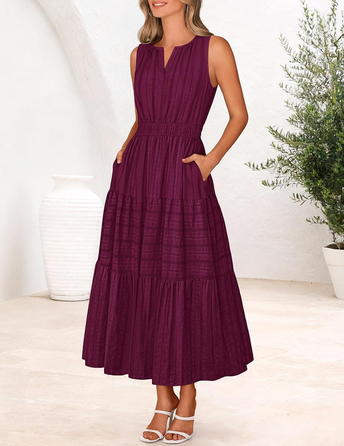 imageMEROKEETY Spring Summer Midi Dresses for Women 2026 Casual Beach Vacation Sleeveless Boho V Neck Tiered Maxi Dress PocketsWine