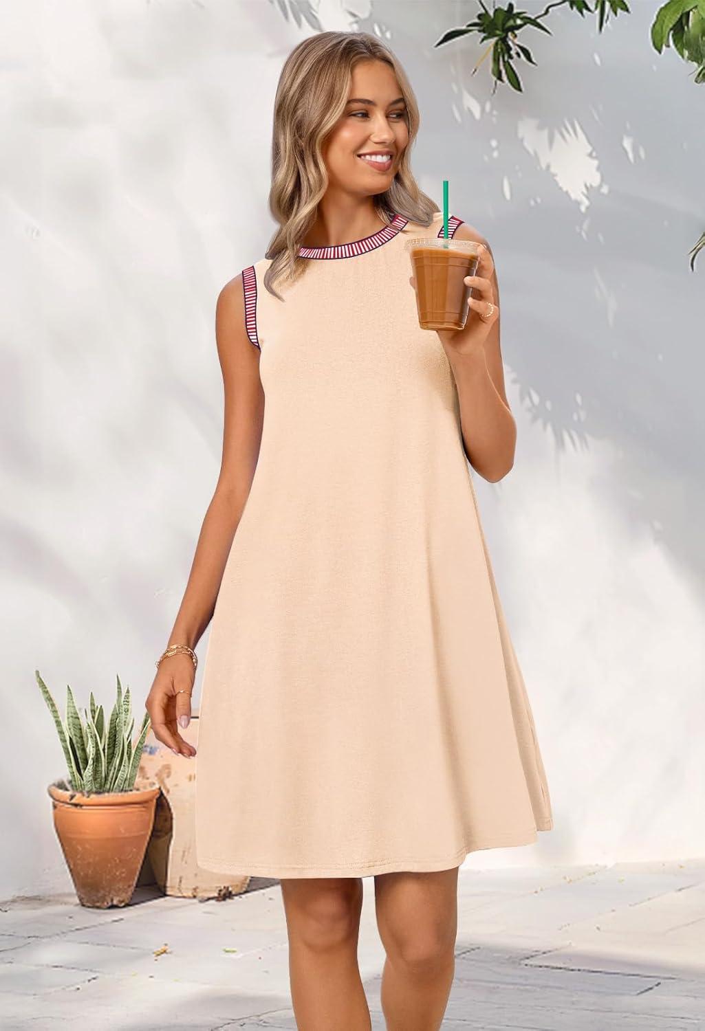 imageMEROKEETY Summer Spring Sun Dress for Women 2026 Beach Vacation Casual Sundress Sleeveless Tank Dresses Resort Cruise WearApricot