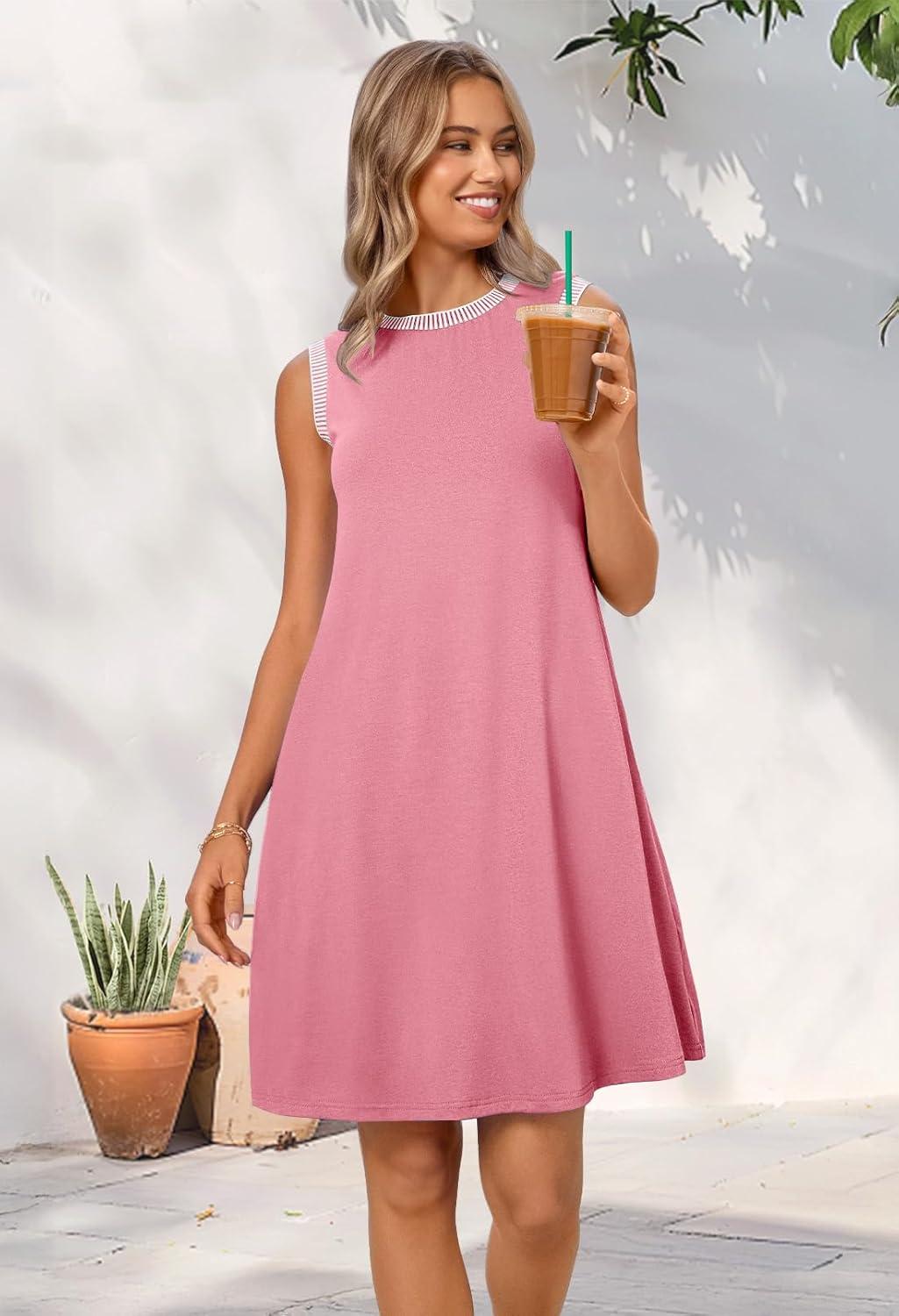 imageMEROKEETY Summer Spring Sun Dress for Women 2026 Beach Vacation Casual Sundress Sleeveless Tank Dresses Resort Cruise WearDustypink