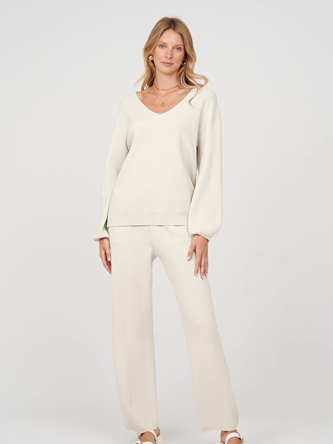 imageMEROKEETY Womens 2 Piece Outfits Lounge Sets Fall Winter Long Sleeve Knit Sweater Wide Leg Pant Matching SetApricot