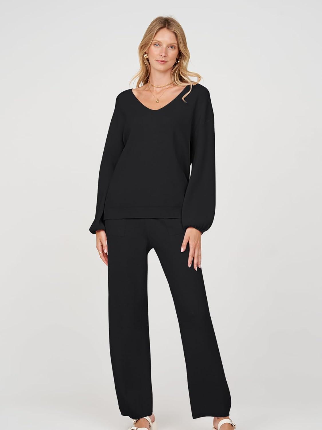 imageMEROKEETY Womens 2 Piece Outfits Lounge Sets Fall Winter Long Sleeve Knit Sweater Wide Leg Pant Matching SetBlack