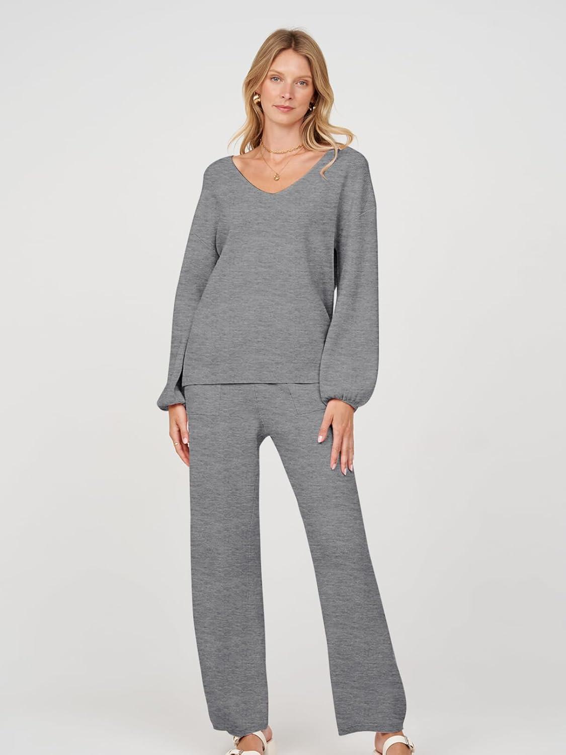 imageMEROKEETY Womens 2 Piece Outfits Lounge Sets Fall Winter Long Sleeve Knit Sweater Wide Leg Pant Matching SetDark Grey