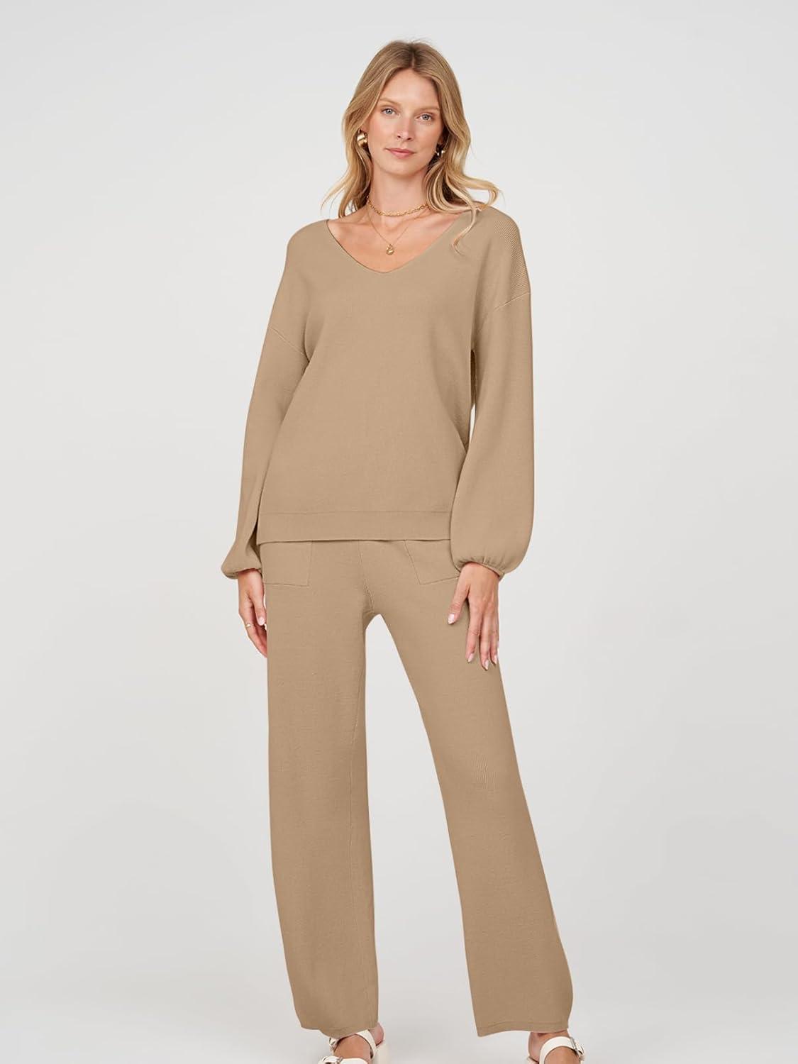 imageMEROKEETY Womens 2 Piece Outfits Lounge Sets Fall Winter Long Sleeve Knit Sweater Wide Leg Pant Matching SetKhaki