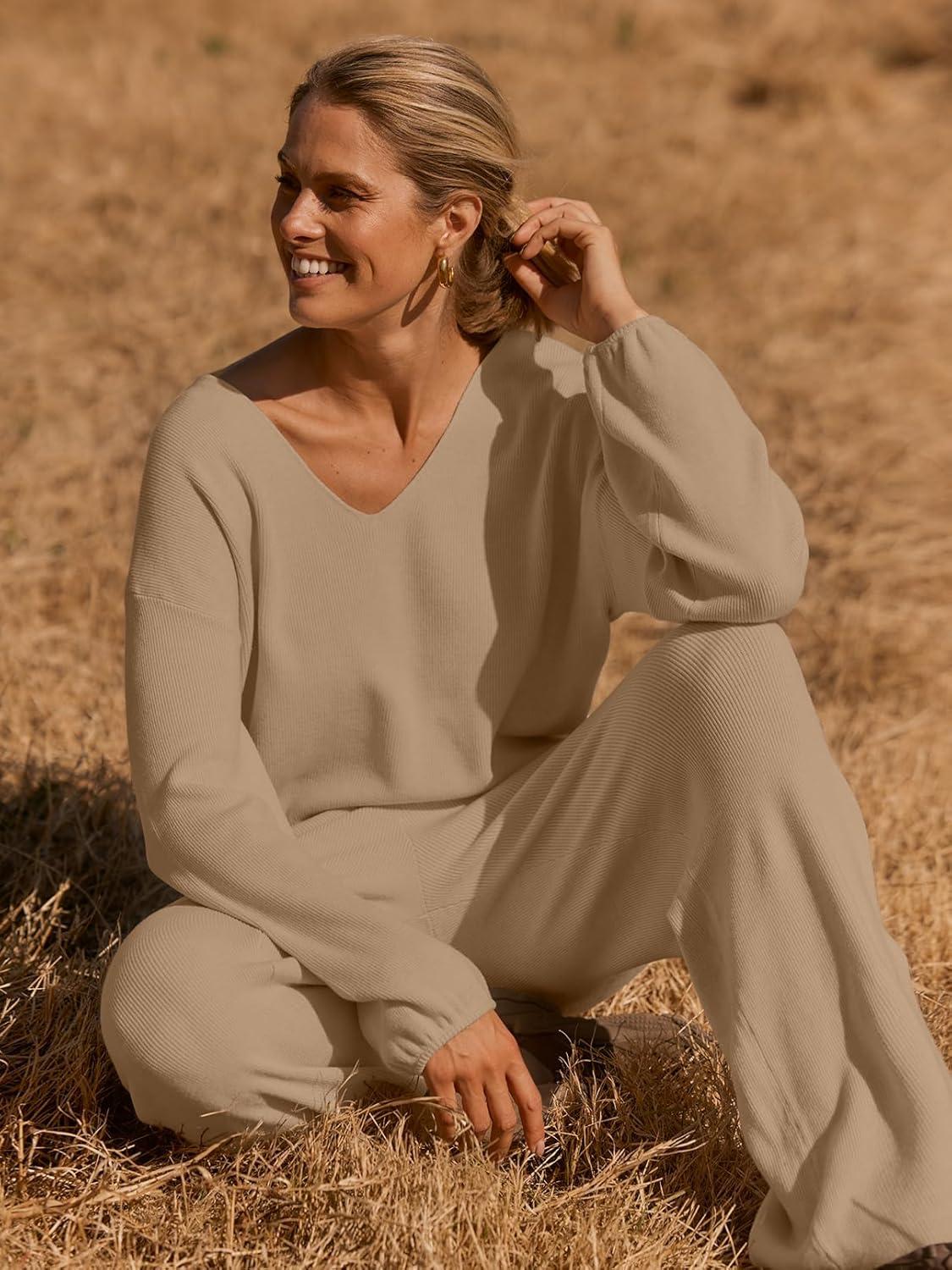 imageMEROKEETY Womens 2 Piece Outfits Lounge Sets Fall Winter Long Sleeve Knit Sweater Wide Leg Pant Matching SetKhaki