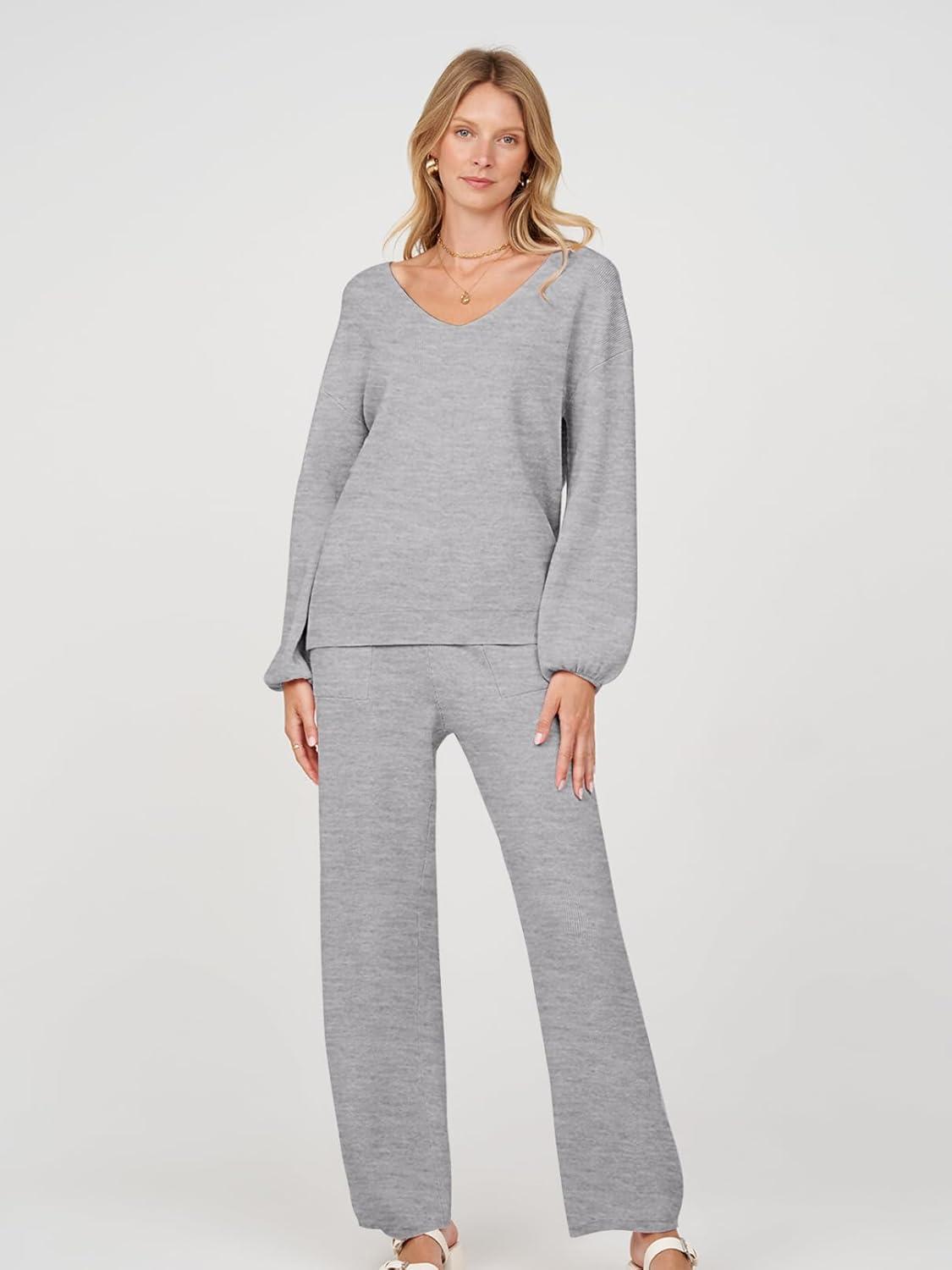imageMEROKEETY Womens 2 Piece Outfits Lounge Sets Fall Winter Long Sleeve Knit Sweater Wide Leg Pant Matching SetLight Grey