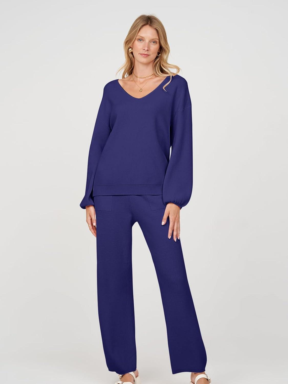 imageMEROKEETY Womens 2 Piece Outfits Lounge Sets Fall Winter Long Sleeve Knit Sweater Wide Leg Pant Matching SetNavy