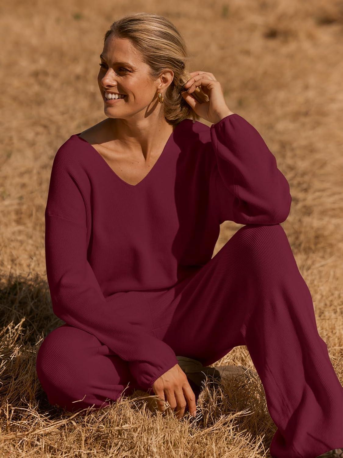 imageMEROKEETY Womens 2 Piece Outfits Lounge Sets Fall Winter Long Sleeve Knit Sweater Wide Leg Pant Matching SetWine