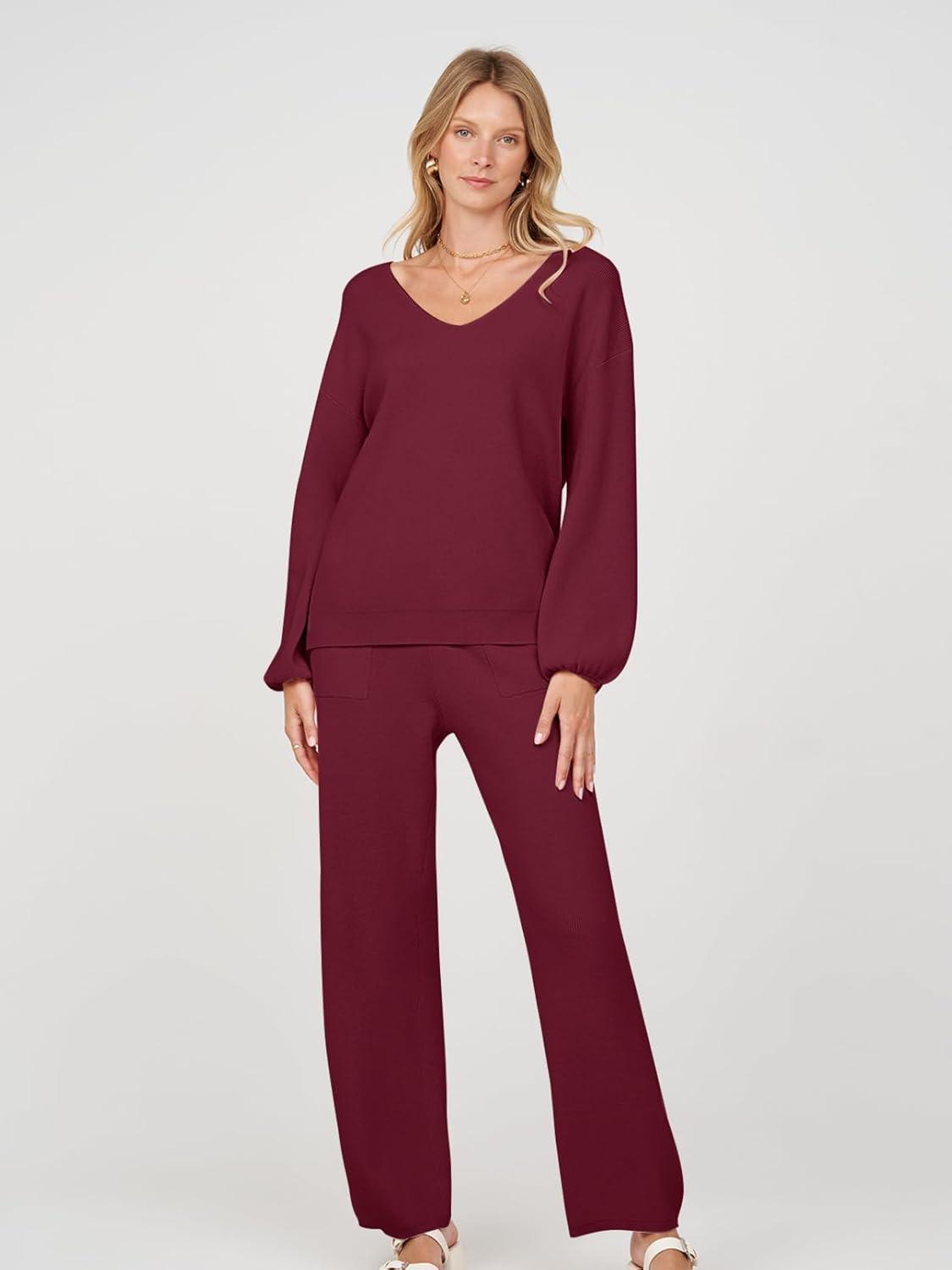 imageMEROKEETY Womens 2 Piece Outfits Lounge Sets Fall Winter Long Sleeve Knit Sweater Wide Leg Pant Matching SetWine