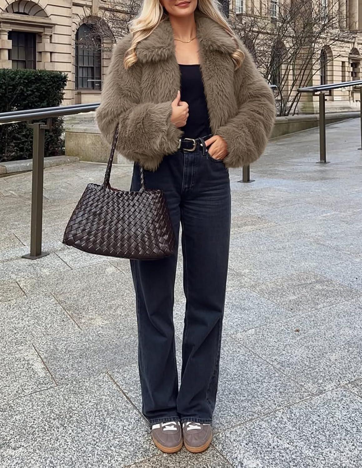 imageMEROKEETY Womens 2025 Winter Coats Furry Faux Fur Jackets Long Sleeve Coat Trendy Warm Outerwear with PocketsKhaki
