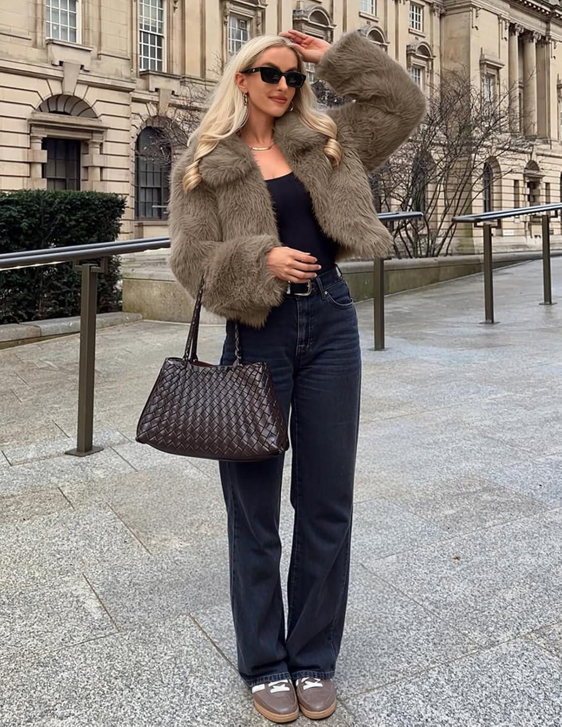 imageMEROKEETY Womens 2025 Winter Coats Furry Faux Fur Jackets Long Sleeve Coat Trendy Warm Outerwear with PocketsKhaki