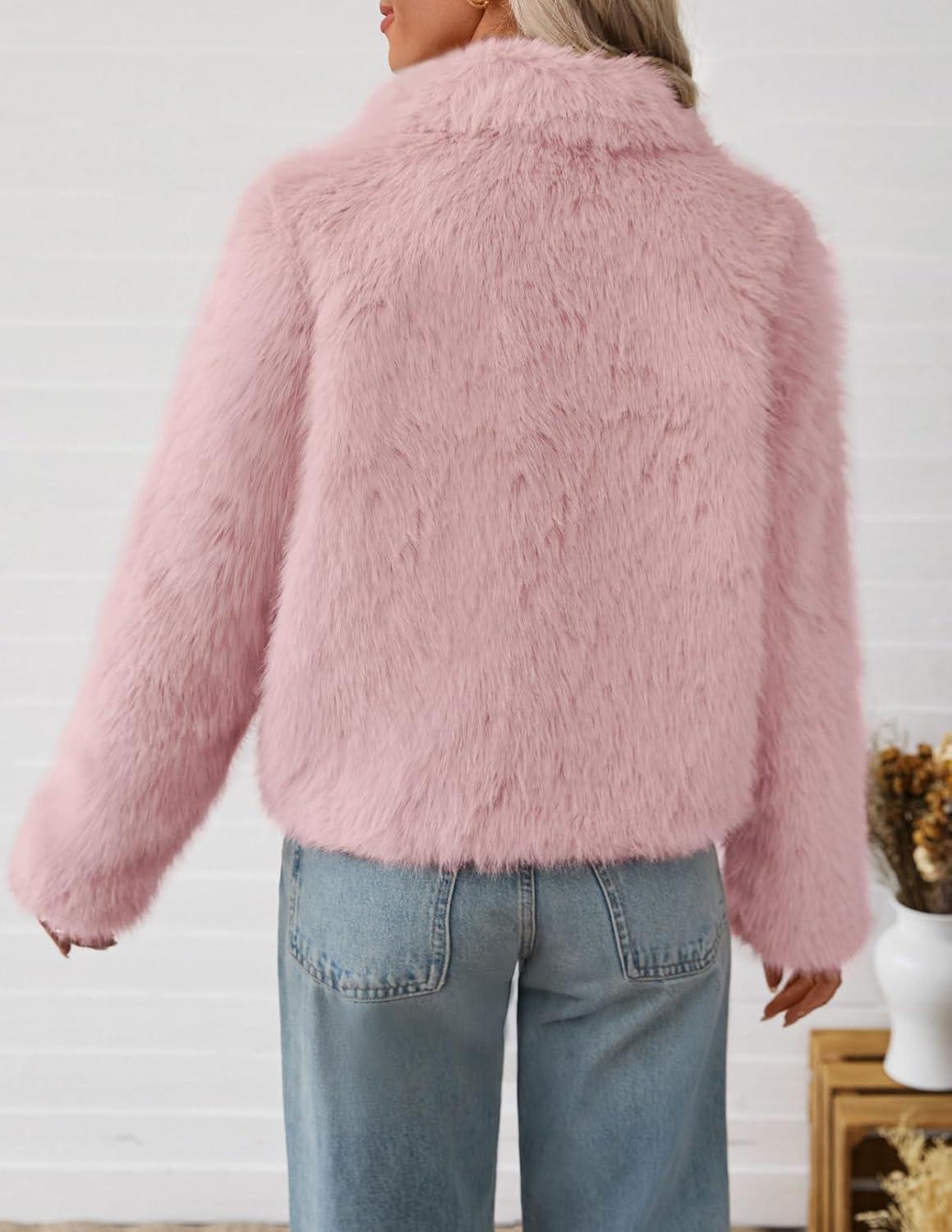 imageMEROKEETY Womens 2025 Winter Coats Furry Faux Fur Jackets Long Sleeve Coat Trendy Warm Outerwear with PocketsPink