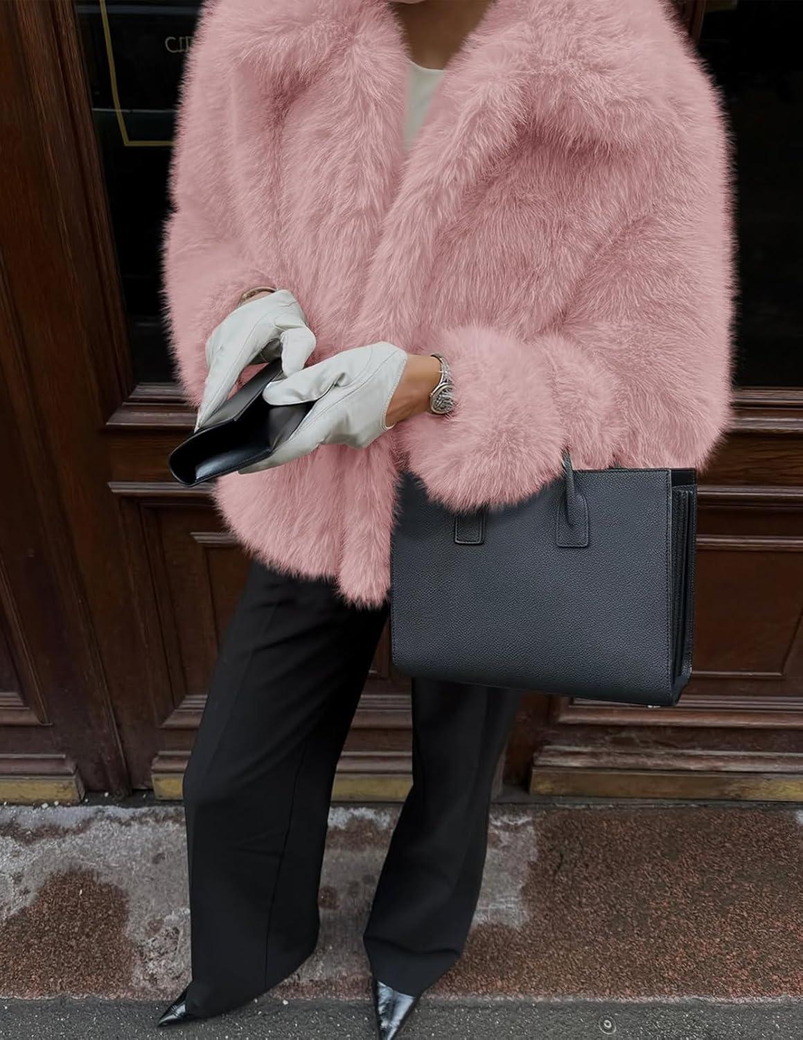 imageMEROKEETY Womens 2025 Winter Coats Furry Faux Fur Jackets Long Sleeve Coat Trendy Warm Outerwear with PocketsPink