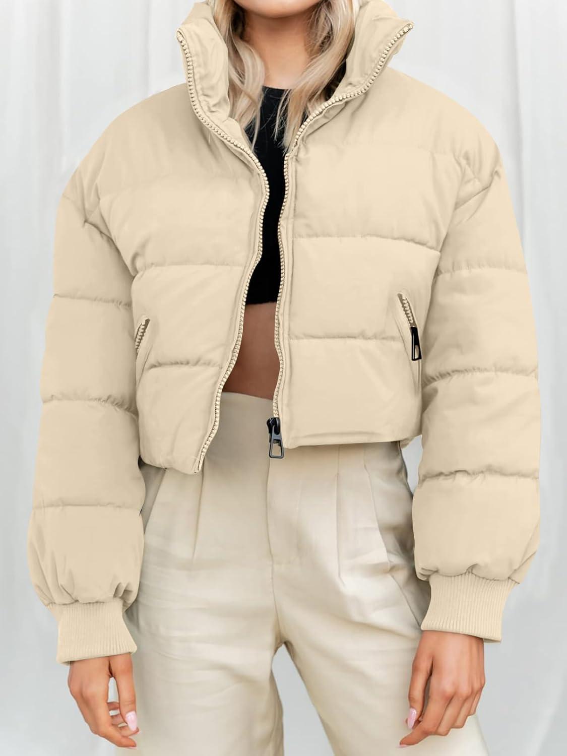 imageMEROKEETY Womens 2025 Winter Cropped Puffer Jacket Long Sleeve Oversized Stand Collar ZipUp Short CoatApricot