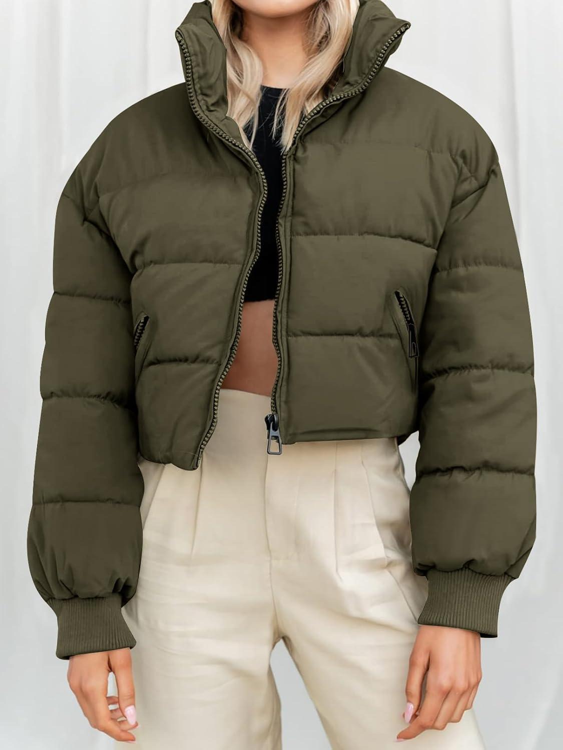 imageMEROKEETY Womens 2025 Winter Cropped Puffer Jacket Long Sleeve Oversized Stand Collar ZipUp Short CoatArmygreen