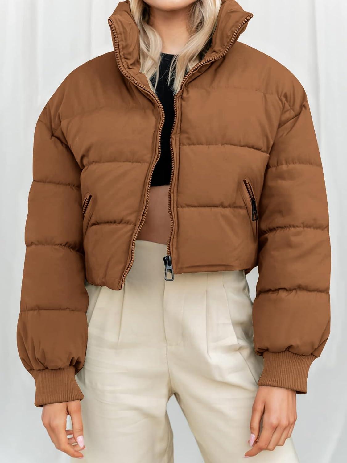 imageMEROKEETY Womens 2025 Winter Cropped Puffer Jacket Long Sleeve Oversized Stand Collar ZipUp Short CoatBrown