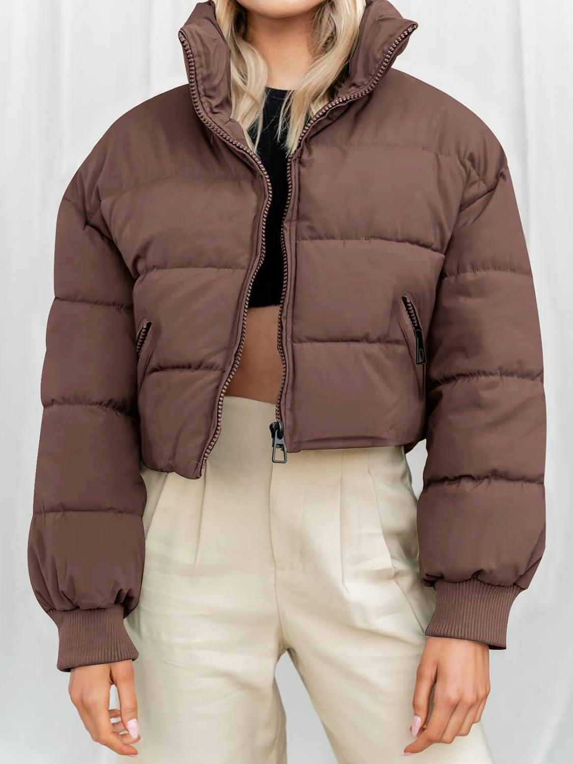 imageMEROKEETY Womens 2025 Winter Cropped Puffer Jacket Long Sleeve Oversized Stand Collar ZipUp Short CoatCoffee