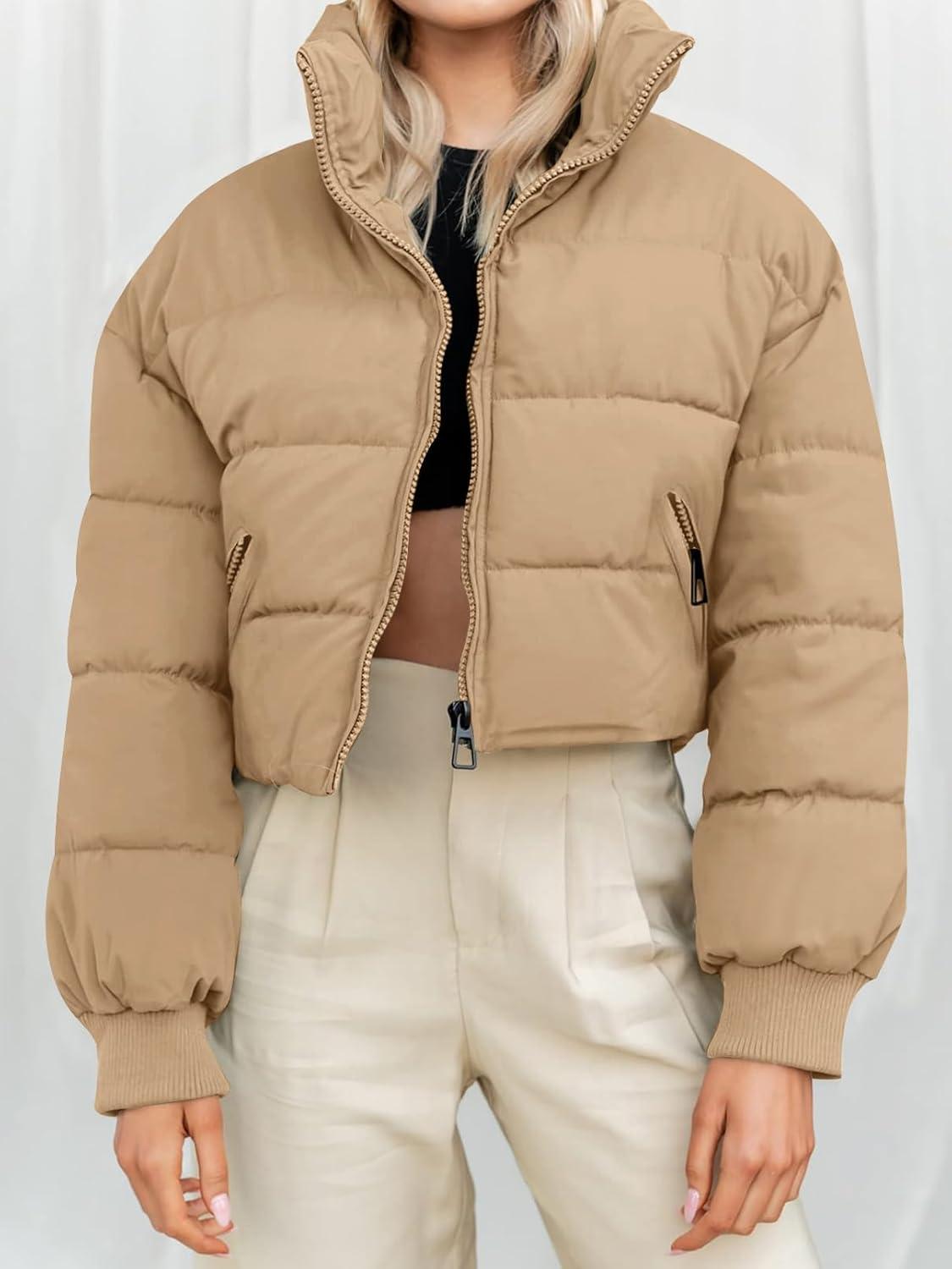 imageMEROKEETY Womens 2025 Winter Cropped Puffer Jacket Long Sleeve Oversized Stand Collar ZipUp Short CoatKhaki
