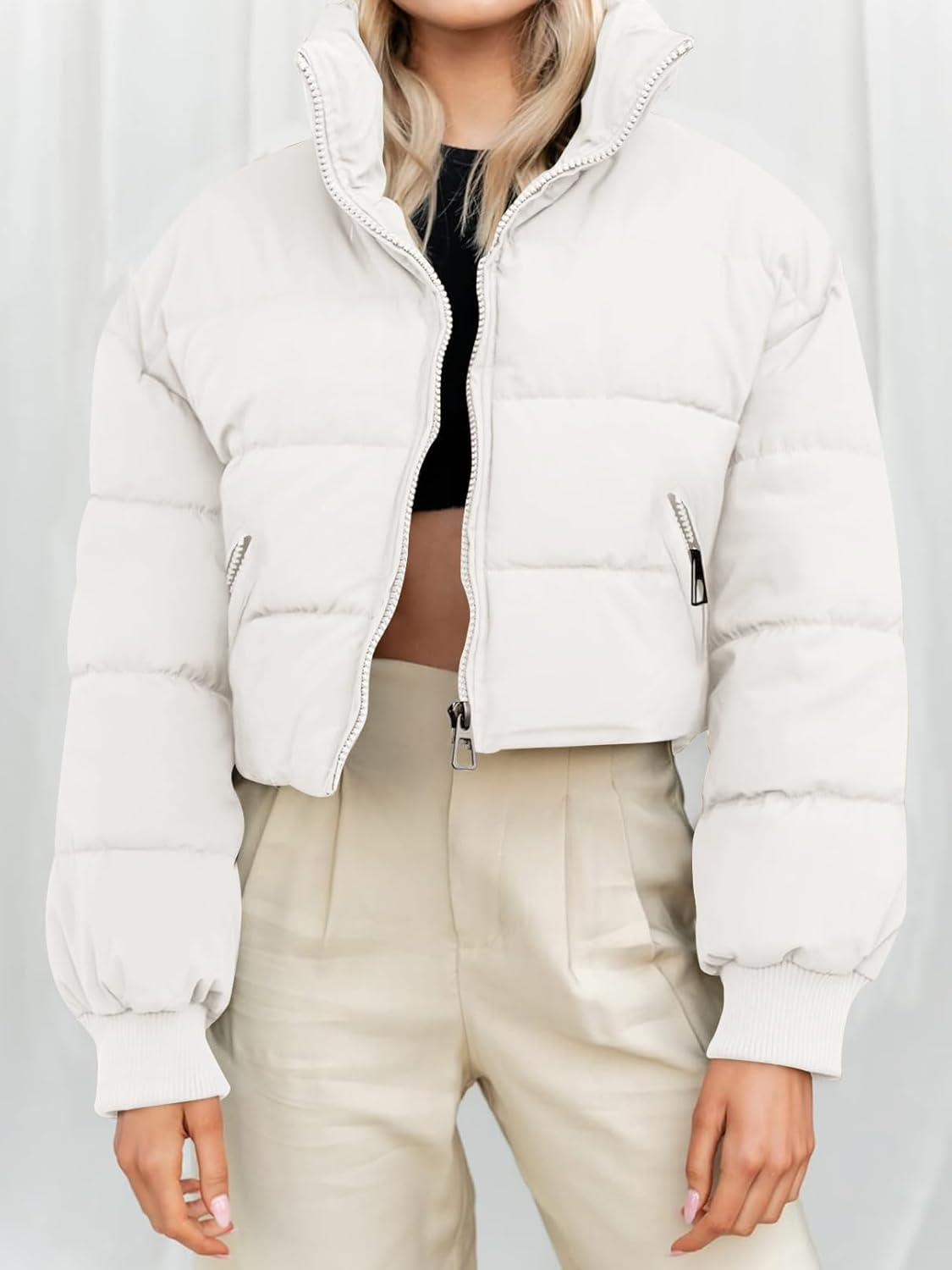 imageMEROKEETY Womens 2025 Winter Cropped Puffer Jacket Long Sleeve Oversized Stand Collar ZipUp Short CoatWhite