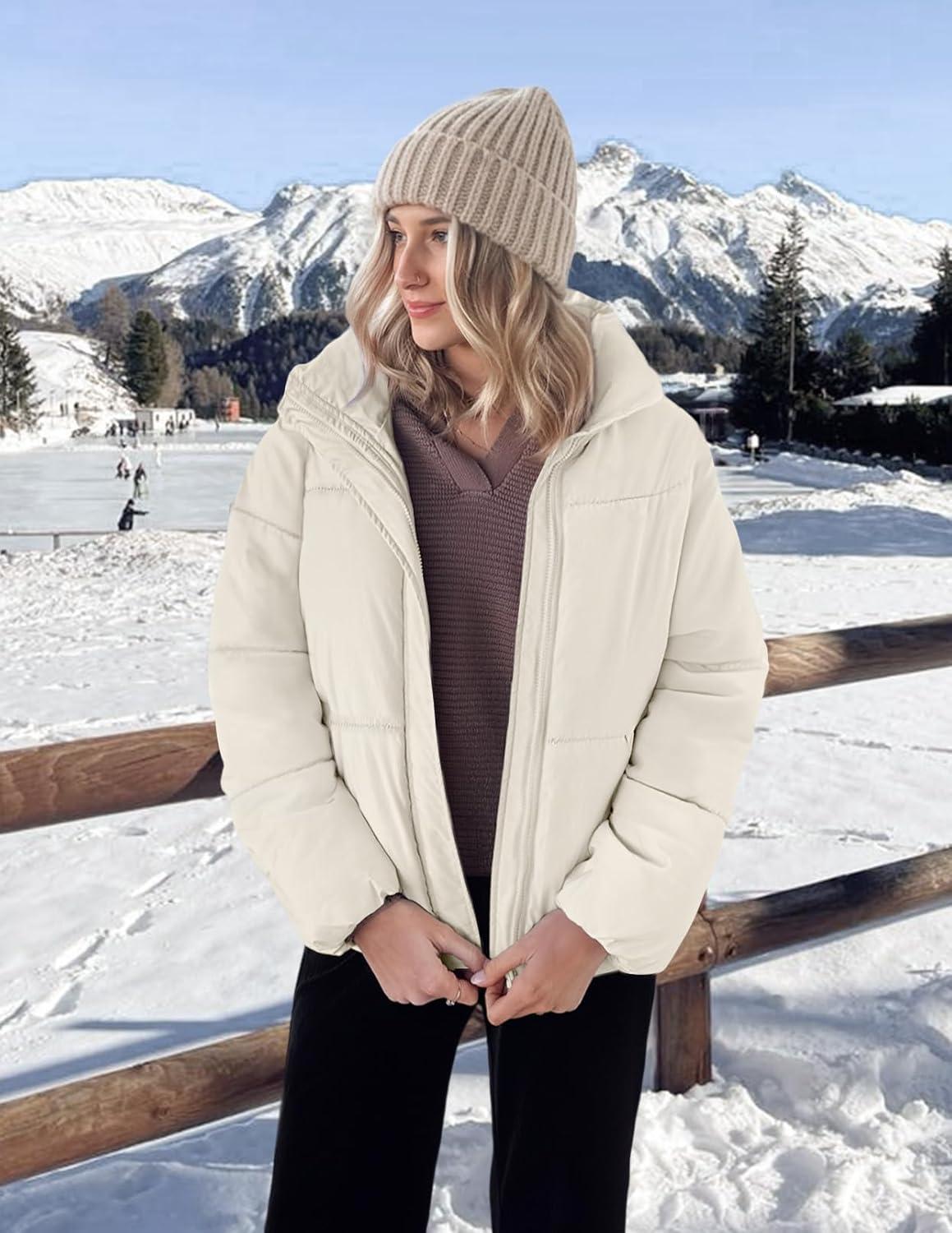 imageMEROKEETY Womens 2025 Winter Long Sleeve Zip Puffer Jacket Pockets Baggy Short CoatsBeige